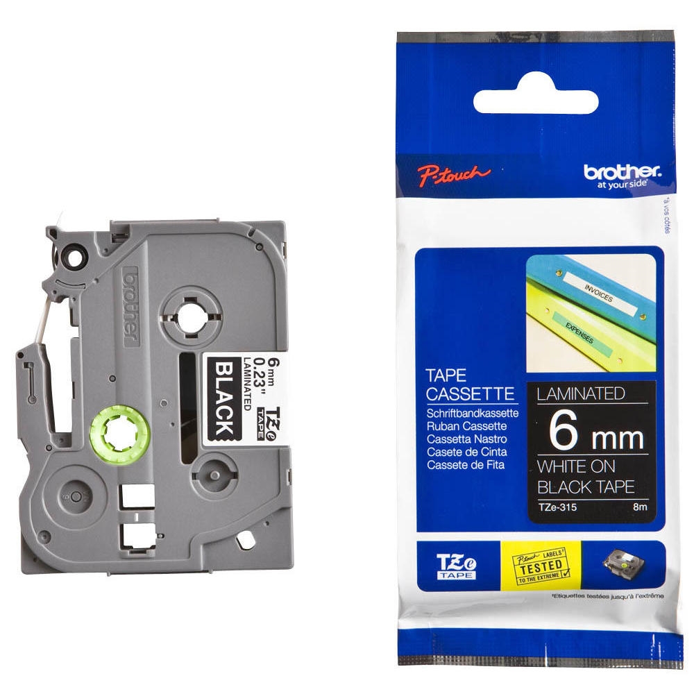 Brother TZe315 Tape White on Black, Laminated, 6mm, 8m - Eco